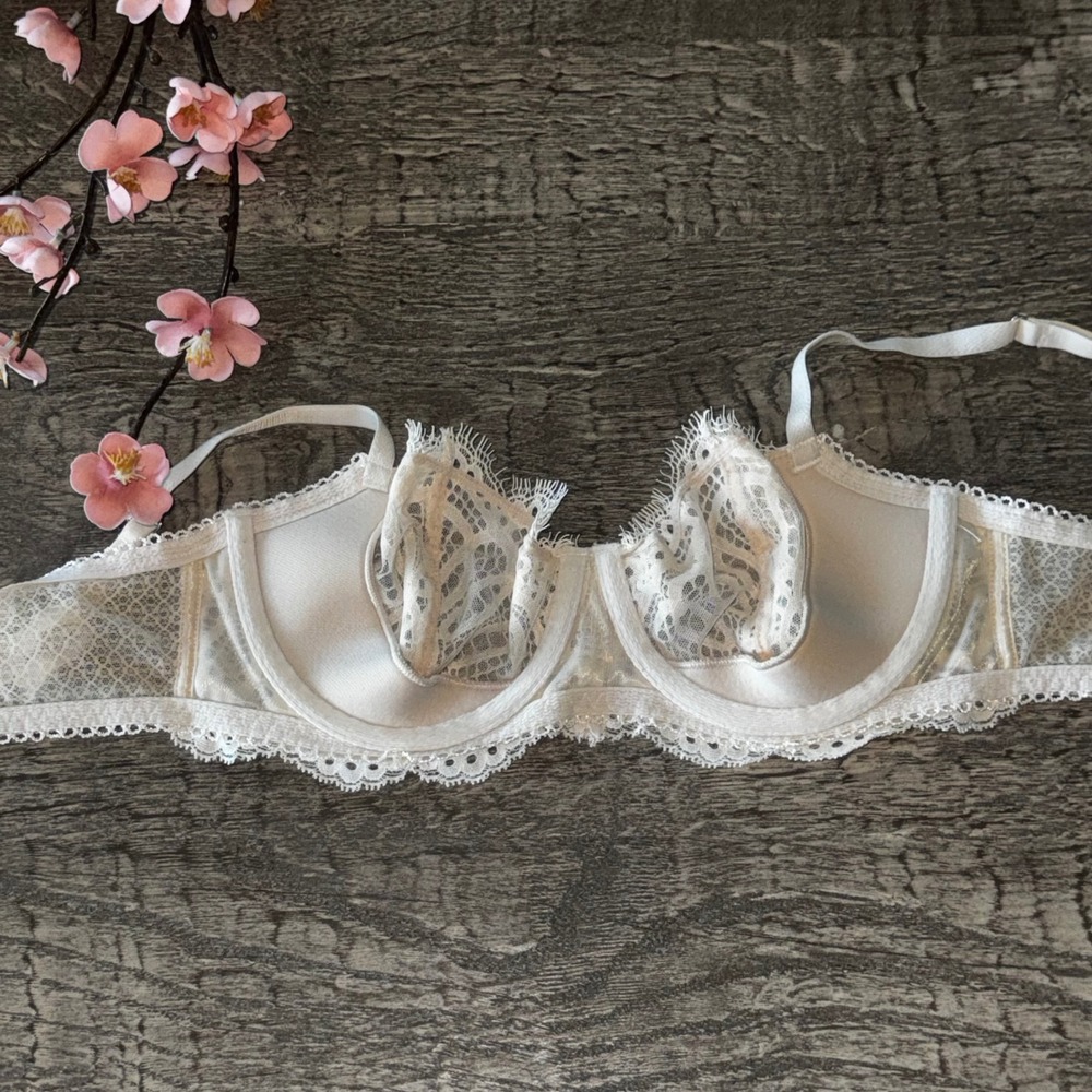 Victoria's Secret 34C Lace Balconette Bra Cream Ivory Sheer Unlined Eyelash - Picture 3 of 5
